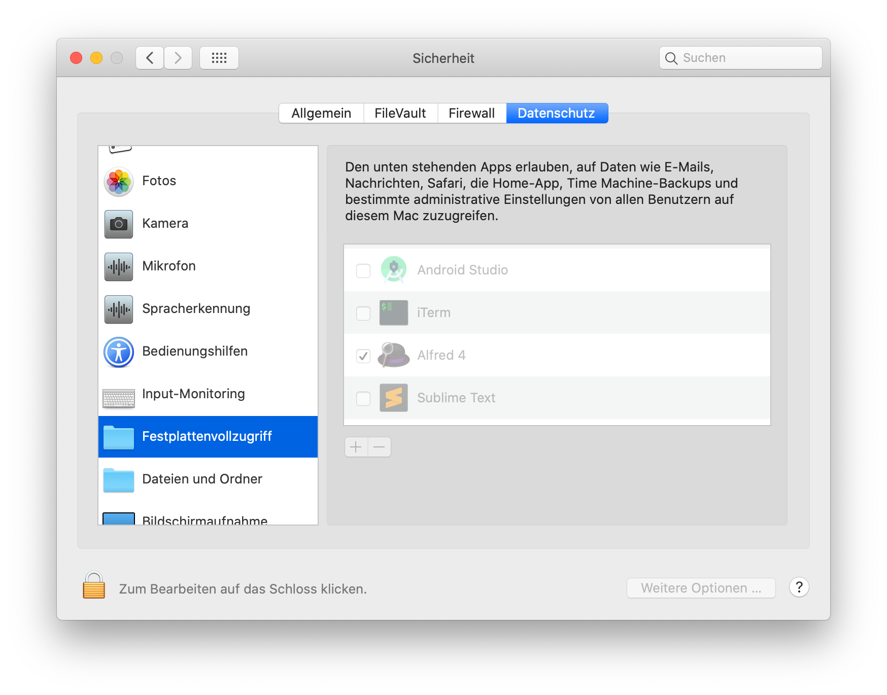 An image of System settings showing how to configure the full disk permission setting.