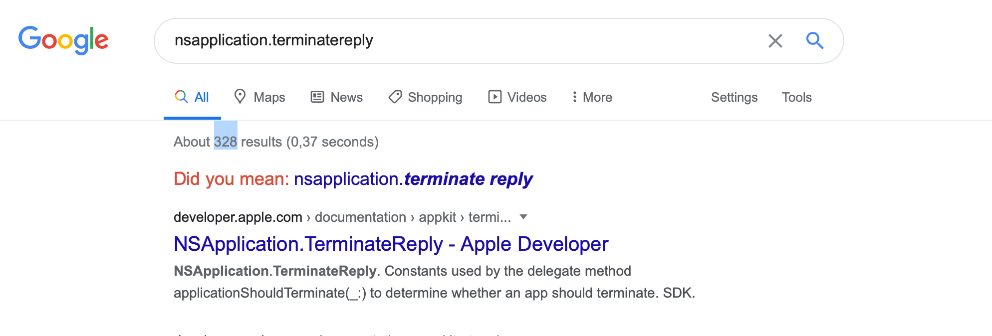 An image showing a google search for NSApplication.TerminateReply.